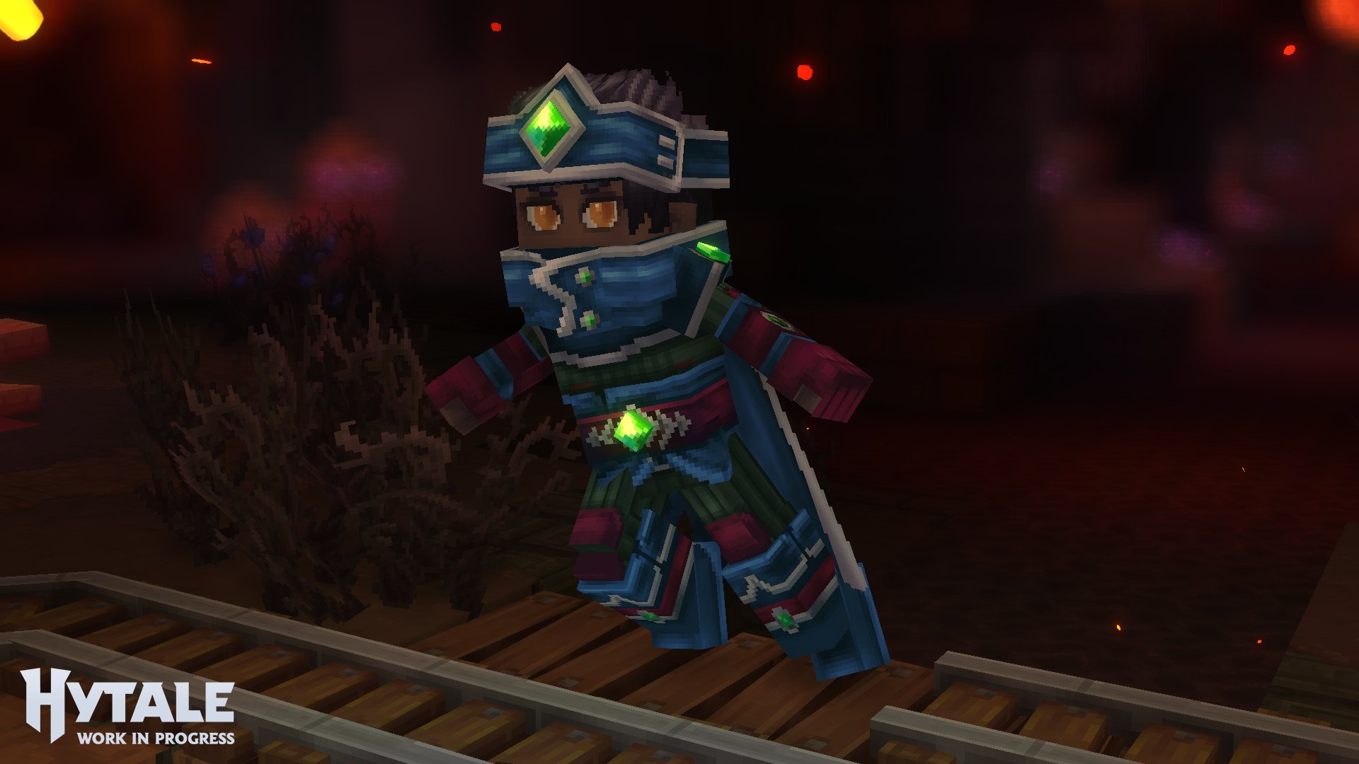 Cosmético de Hytale con armadura mágica azul y verde