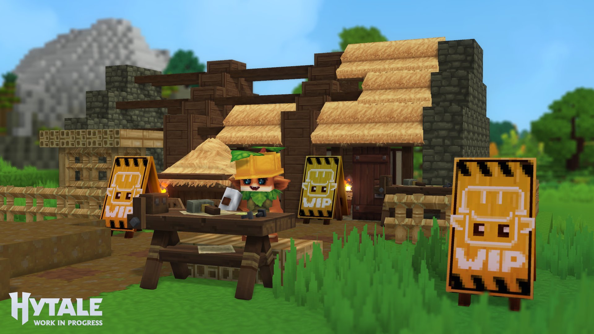 Cartel WIP y mesa de trabajo en Hytale