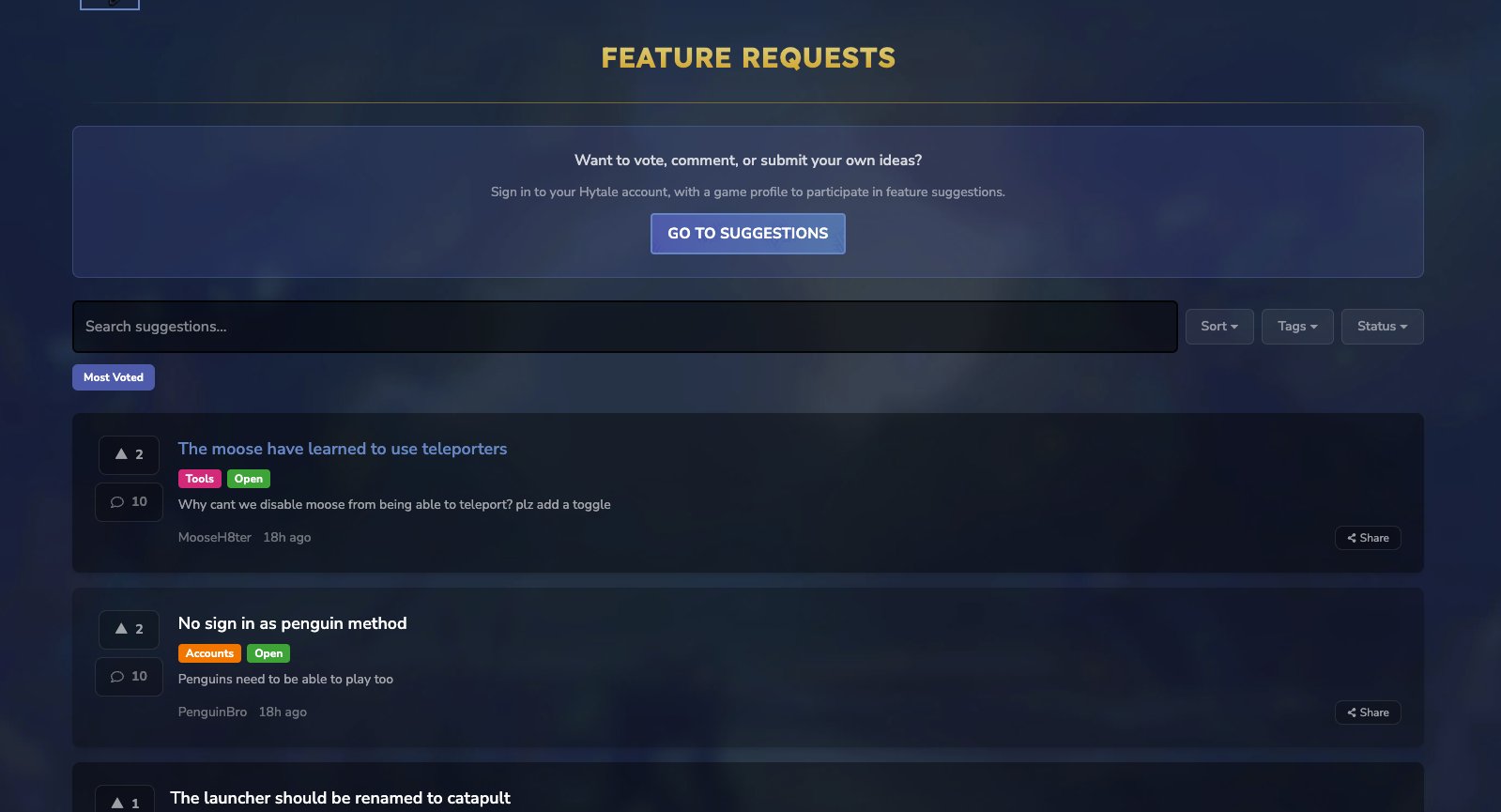 Hytale lanza su sistema oficial de sugerencias de jugadores